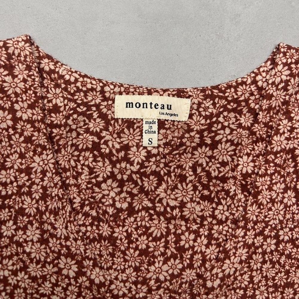 Monteau Brown Floral Mini Dress Flutter Sleeve Cottagecore Button Front Small - Picture 4 of 5